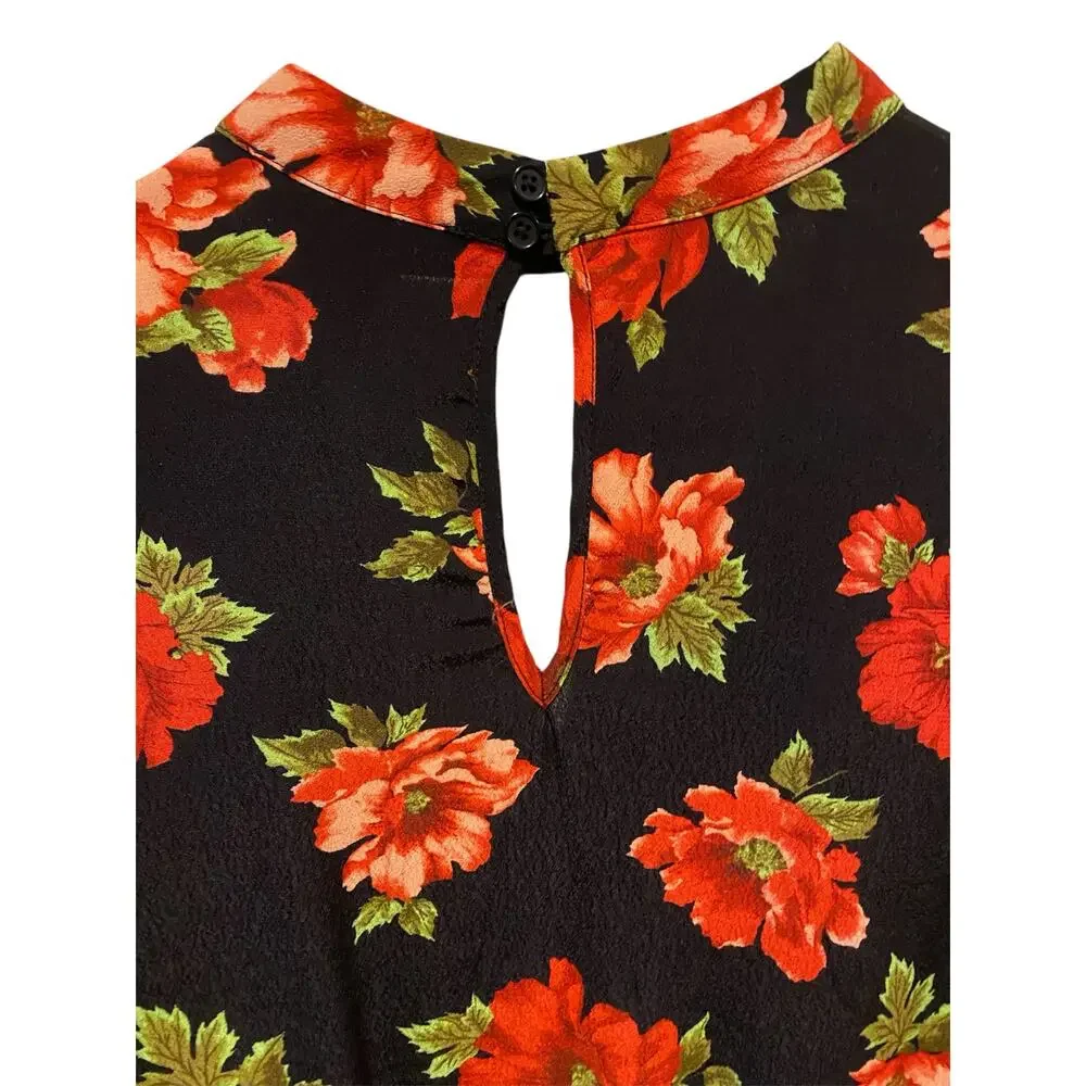 Forever 21 Floral Print Cropped Blouse Small Black Poinsettia Night Out Party